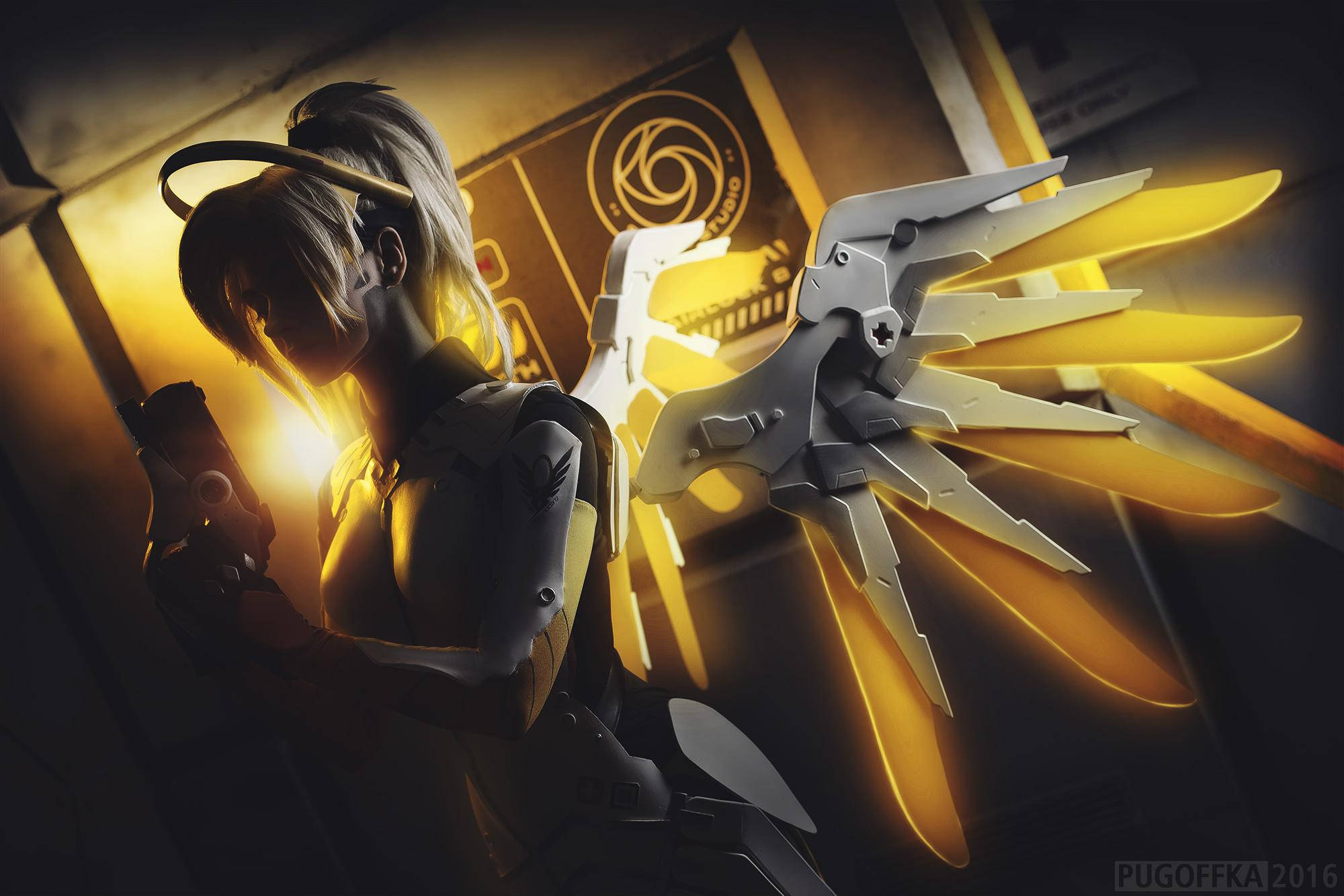 Mercy, glowing golden wings, mechanical arms, Full HD Desktop Wallpaper