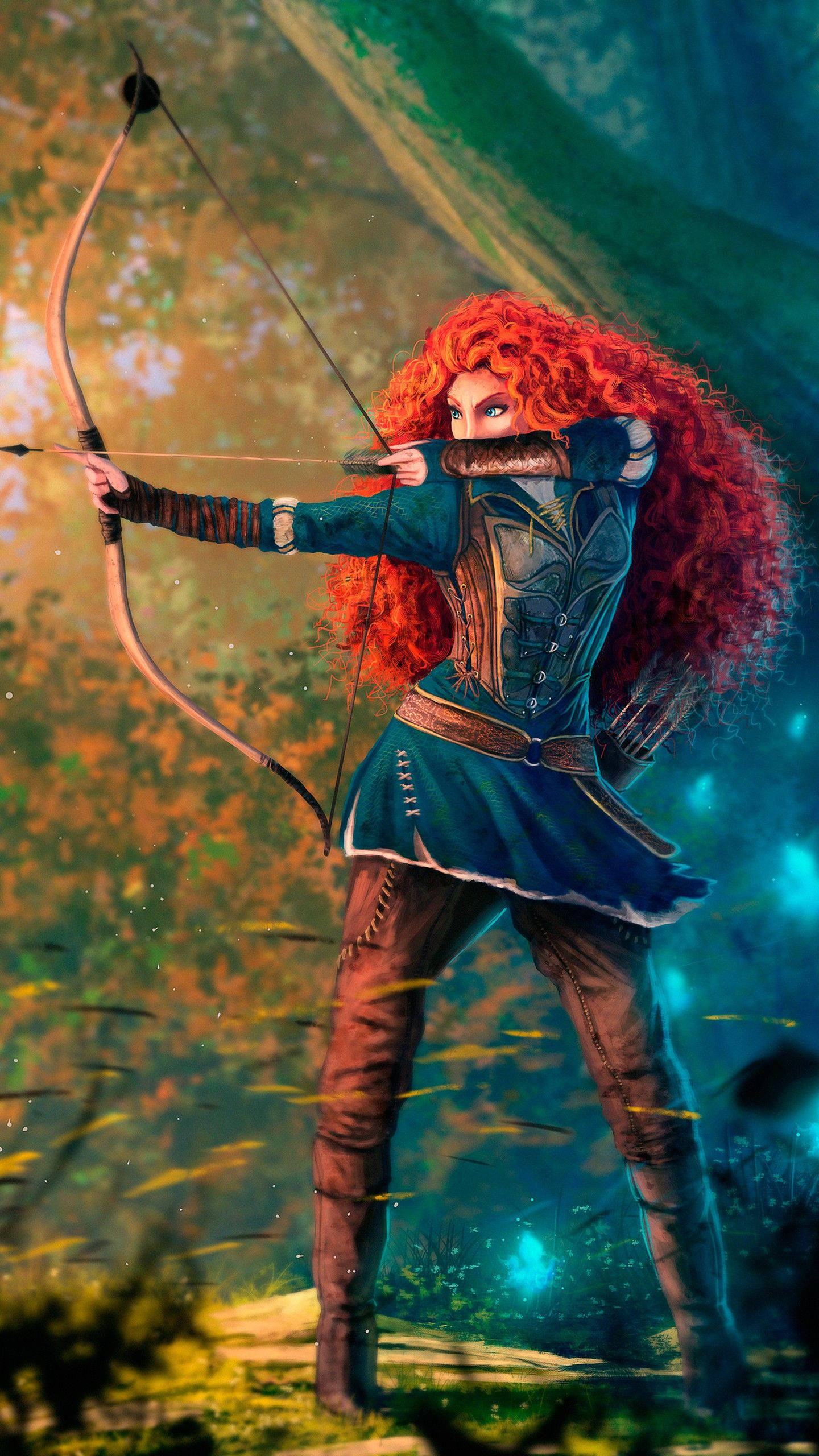 Merida, red-haired archer, blue armor, 2K Phone Wallpaper