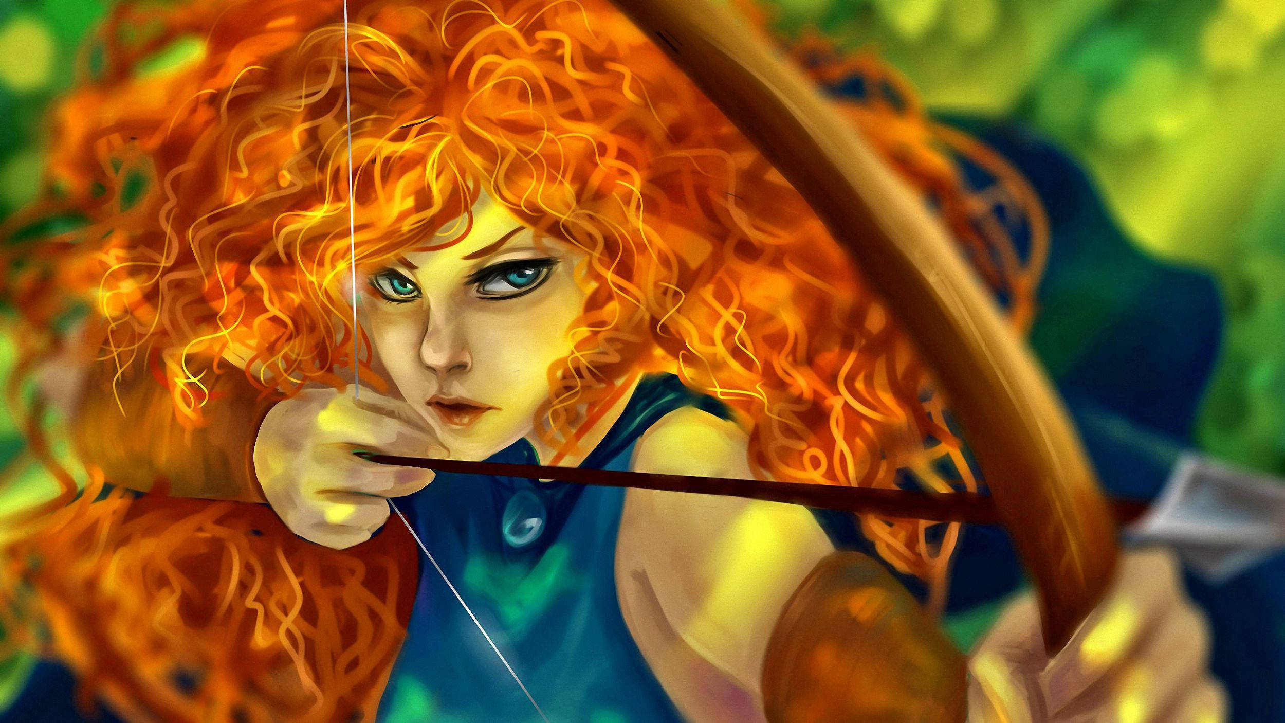 Merida, red-haired archer, glowing blue eyes, Full HD Desktop Wallpaper