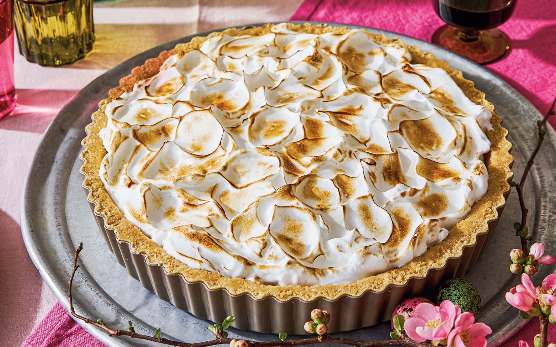meringue-topped pie, metal tray, pink blossoms, HD Desktop Wallpaper