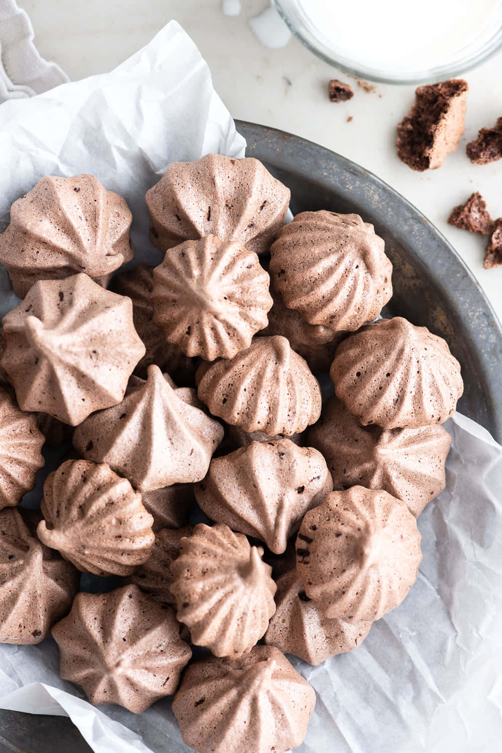 Meringue, chocolate meringue cookies, rustic metal bowl, HD Phone Wallpaper
