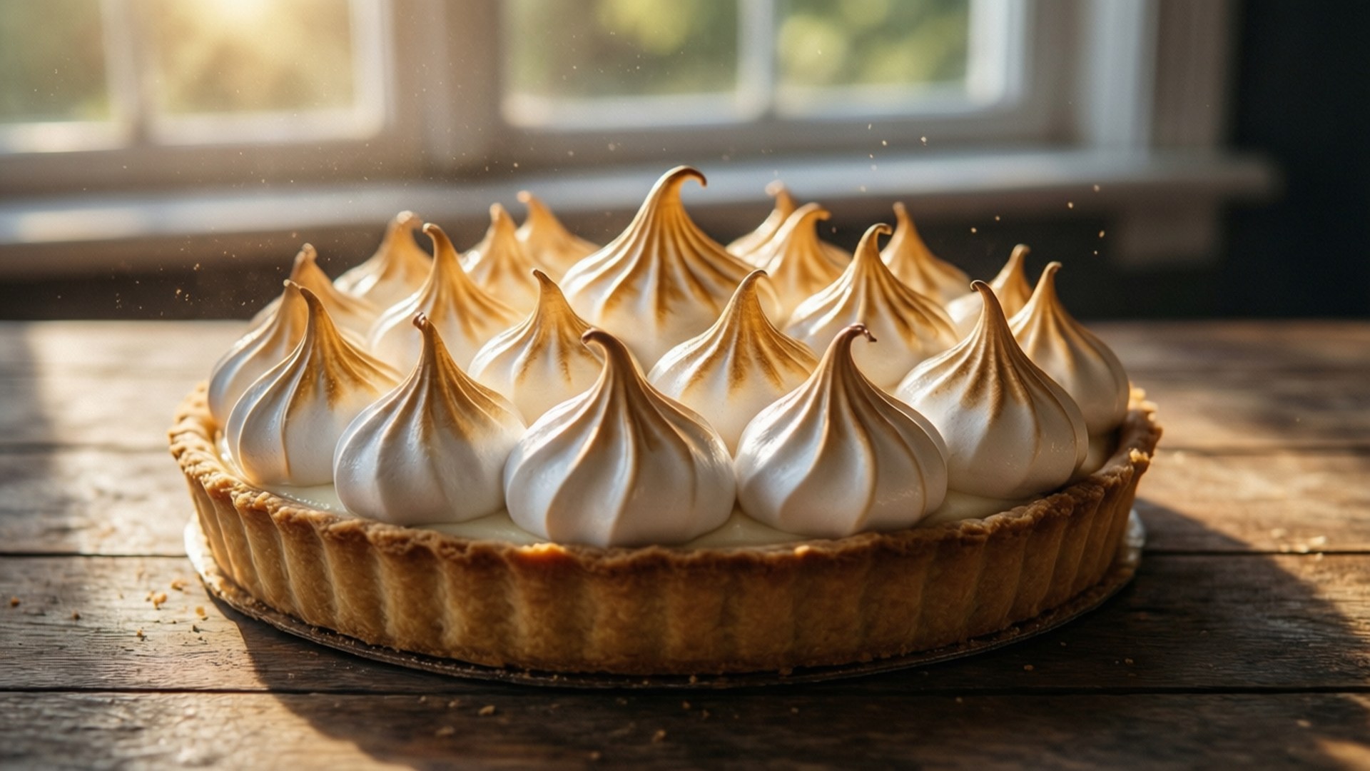 golden meringue pie, wooden table, warm sunlight, Full HD Desktop Wallpaper