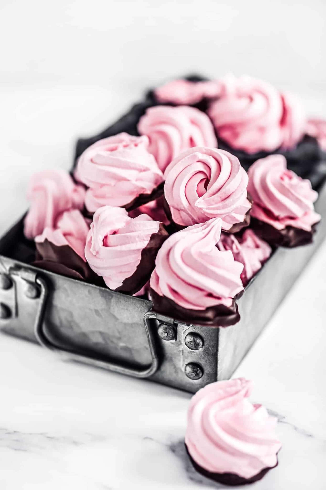 meringue, soft pink meringue cookies, dark chocolate bases, Full HD Phone Wallpaper