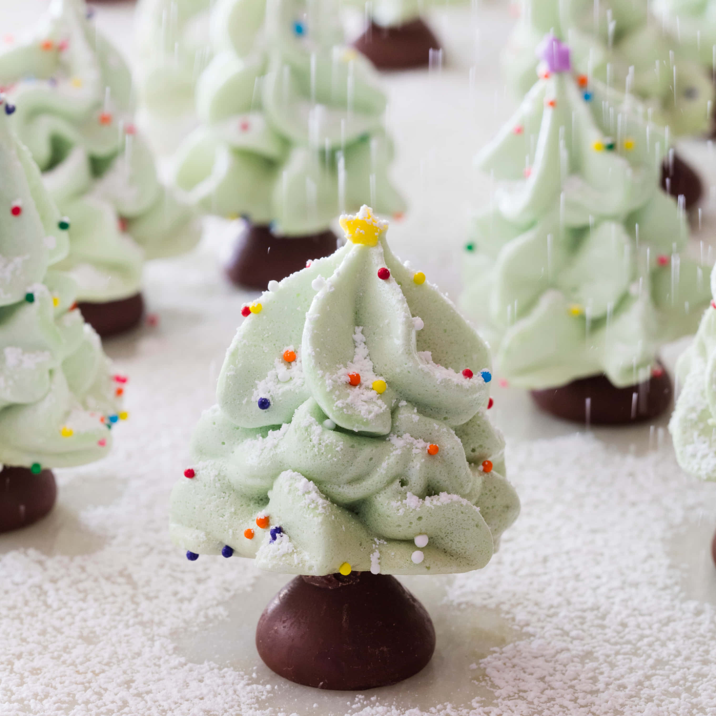 Meringue, green meringue Christmas trees, colorful sprinkles, 2K Desktop Wallpaper