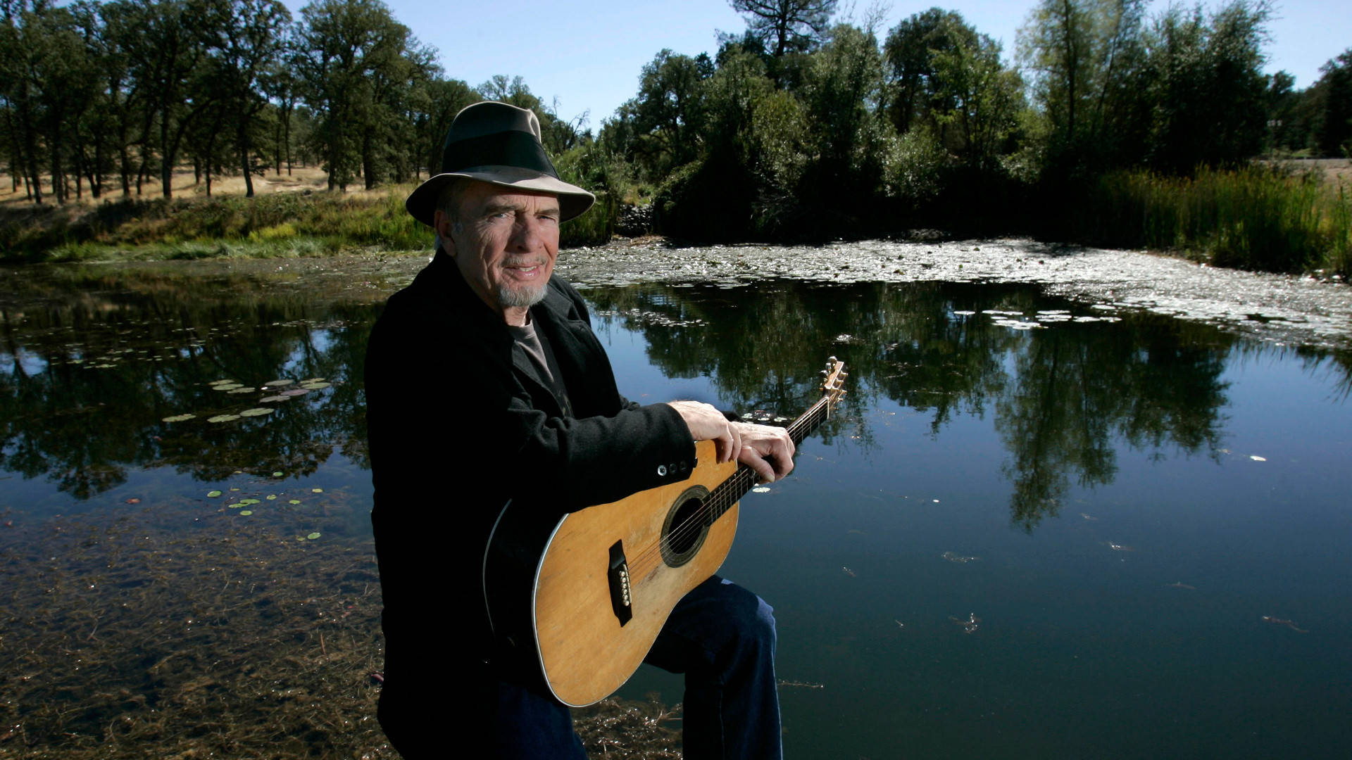 Merle Haggard, acoustic guitar, calm pond, Full HD Desktop Wallpaper