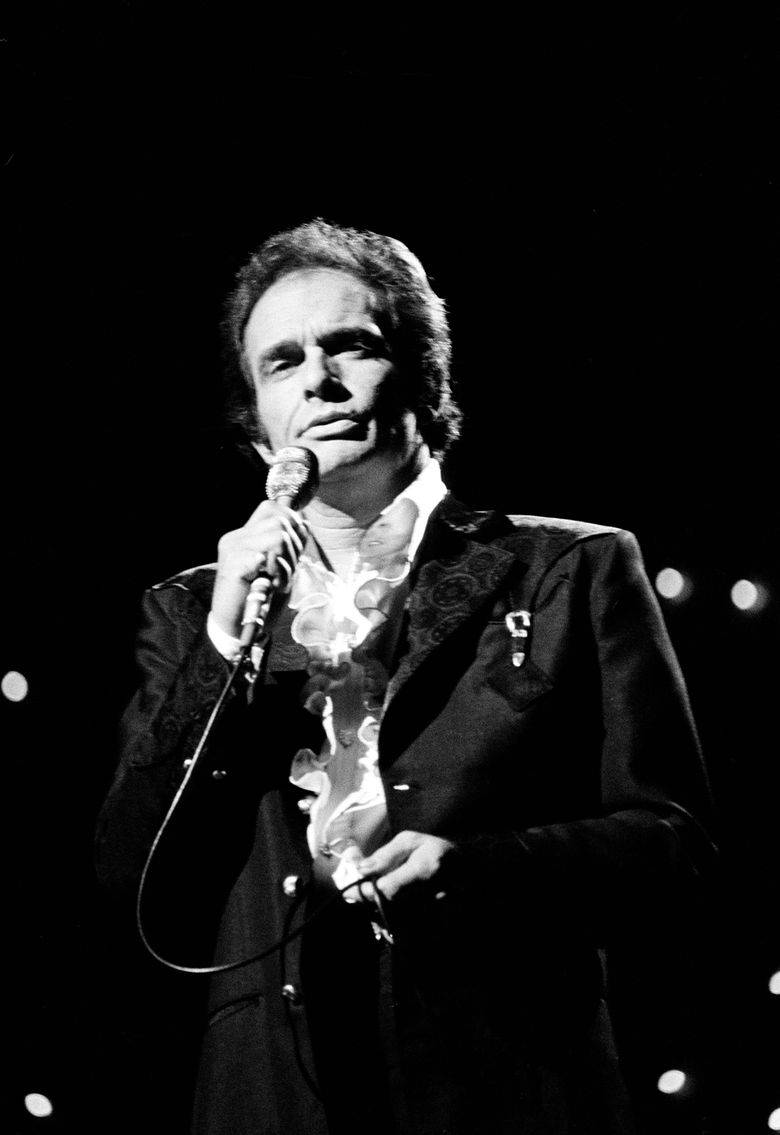Merle Haggard, black and white photo, dark suit, SD Phone Wallpaper