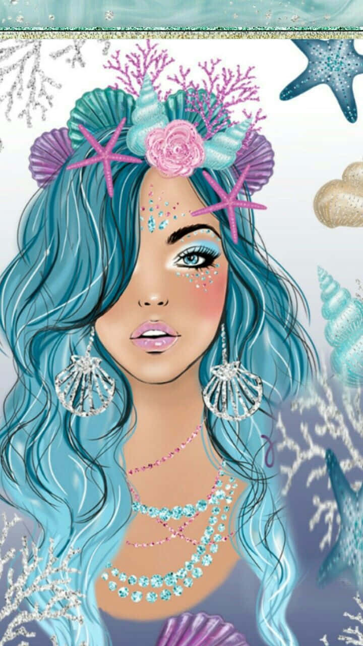 cute mermaid, turquoise hair, coral starfish, HD Phone Wallpaper