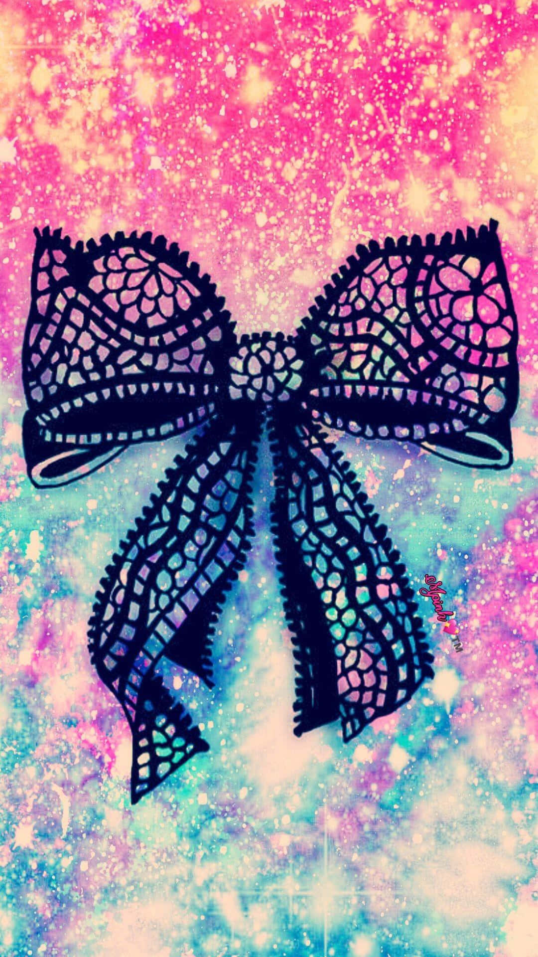 black lace bow, intricate patterns, sparkling pink and blue cosmic background, Full HD Phone Wallpaper