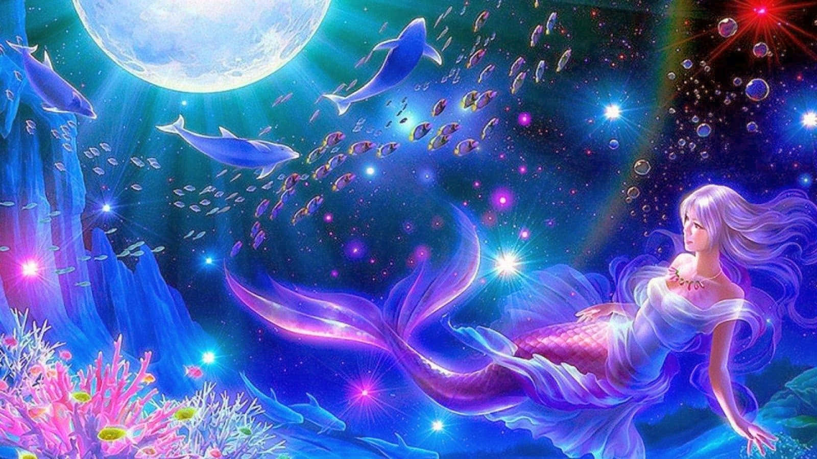 glowing mermaid, purple hair, dolphins, HD Desktop Wallpaper