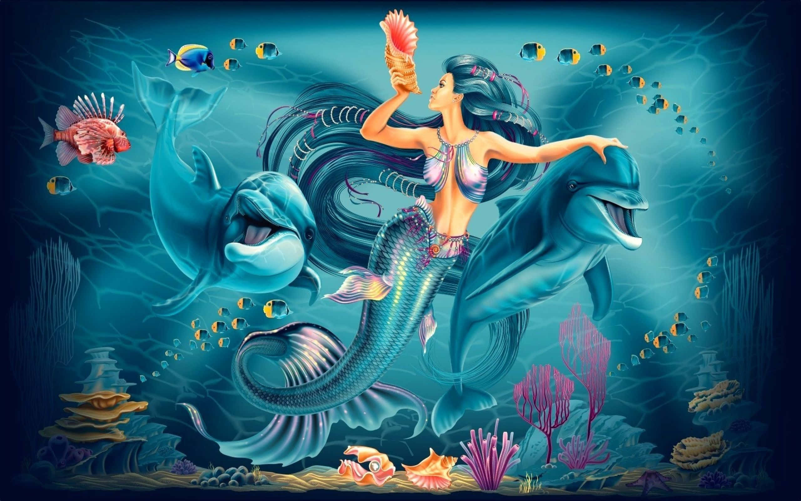 Cute Mermaid, blue hair, dolphins, 2K Desktop Wallpaper