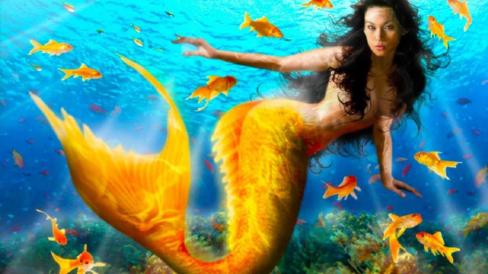 Beautiful Yellow Mermaid, fiery golden tail, sunlit blue water, HD Desktop Wallpaper
