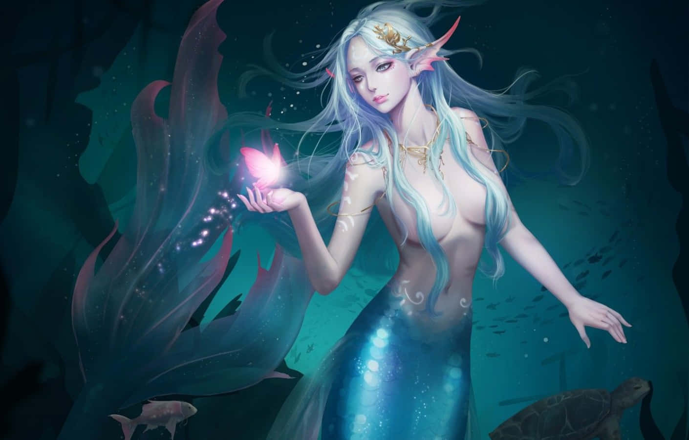 Beautiful Goddess Mermaid, silver hair, glowing pink butterfly, HD Desktop Wallpaper