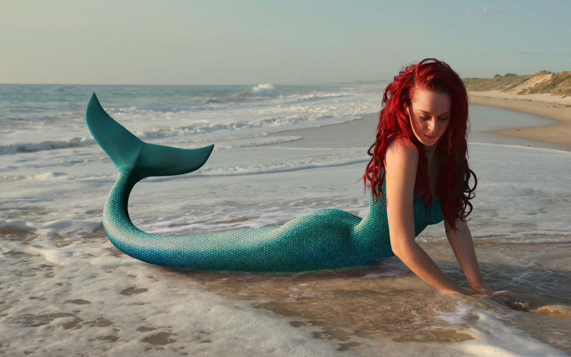 beautiful mermaid, vibrant red hair, teal scaled tail, Full HD Desktop Wallpaper