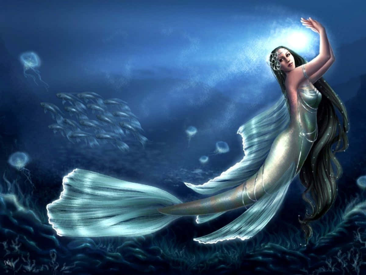 Silver Mermaid, luminous mermaid, flowing silver tail, SD Desktop Wallpaper
