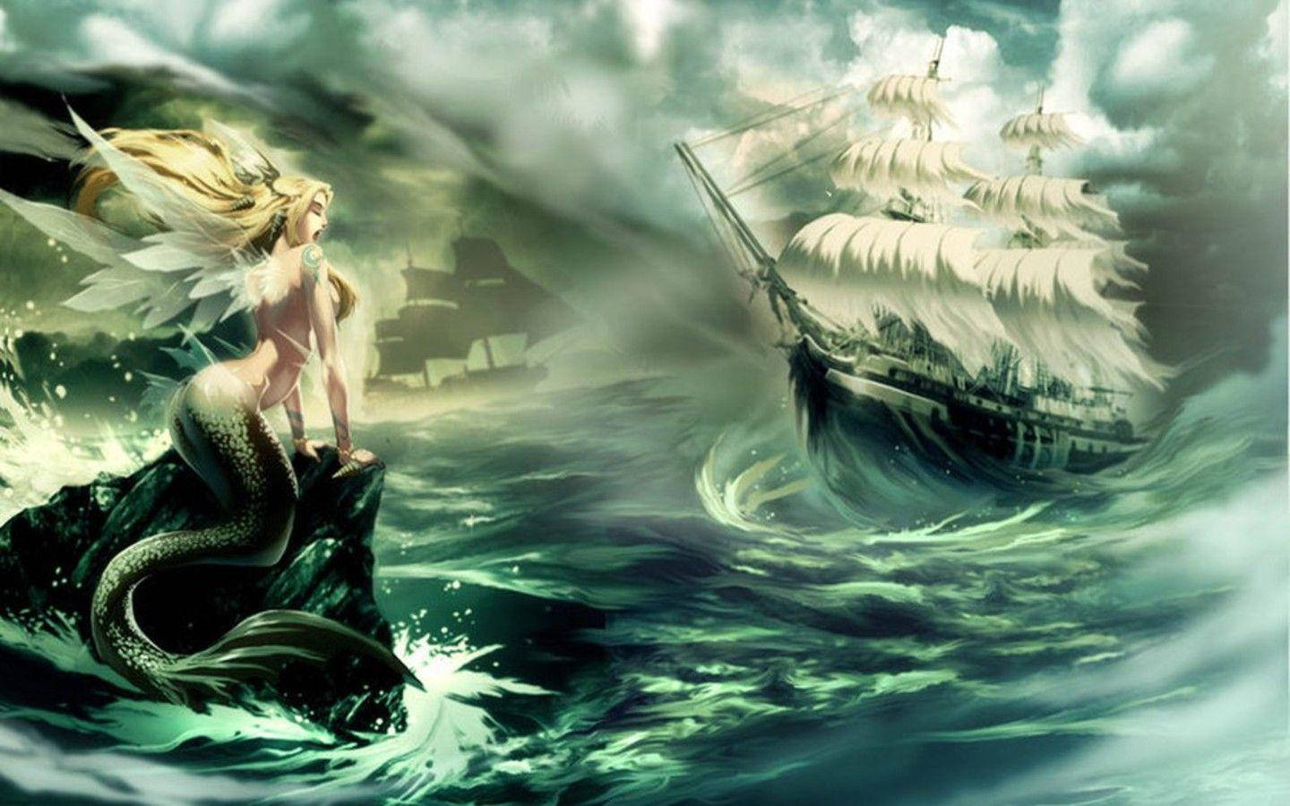 mermaid, storm-ravaged ship, winged mermaid, HD Desktop Wallpaper