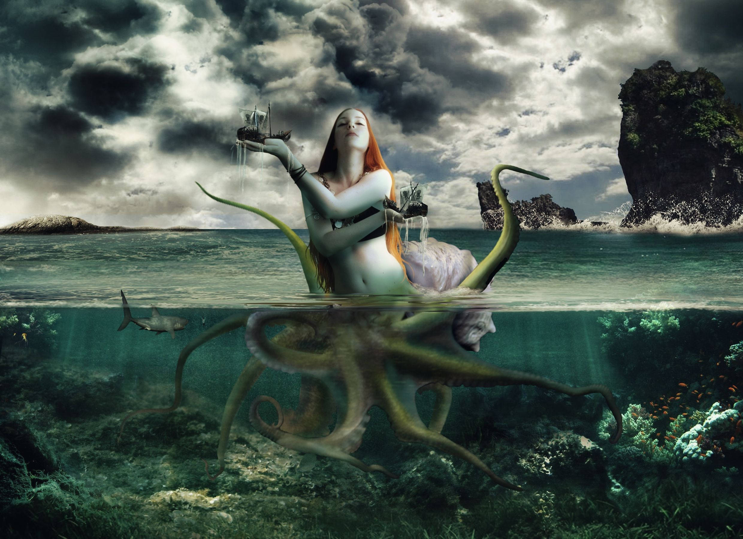 fantasy mermaid, red hair, octopus tentacles, Full HD Desktop Wallpaper