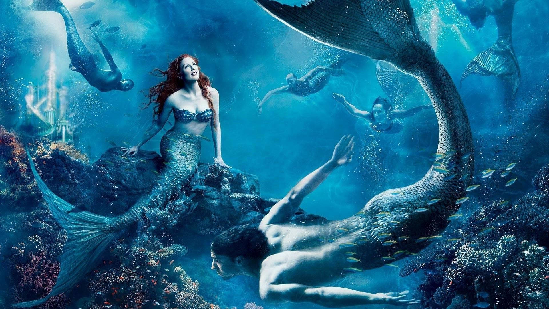 mermaid, red hair, scaled tail, Full HD Desktop Wallpaper