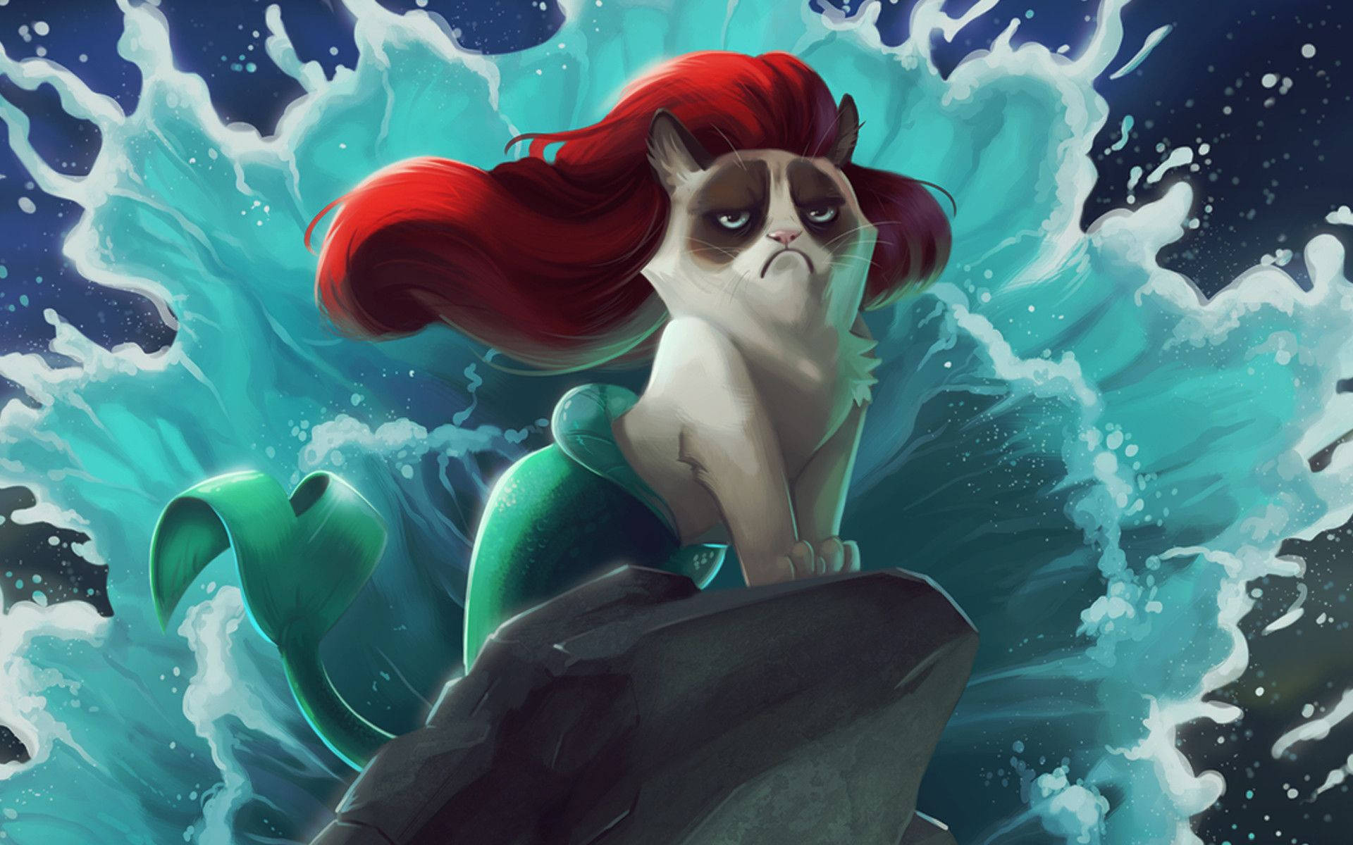 Mermaid Cat, red hair, green mermaid tail, Full HD Desktop Wallpaper