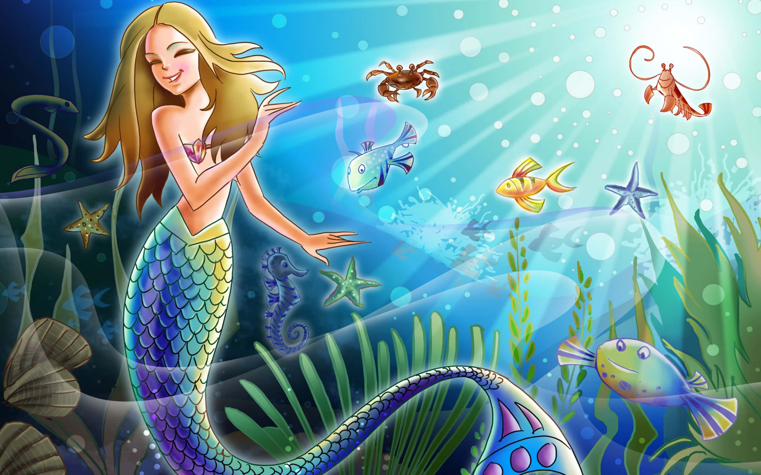cheerful mermaid, flowing blonde hair, colorful tail, 2K Desktop Wallpaper