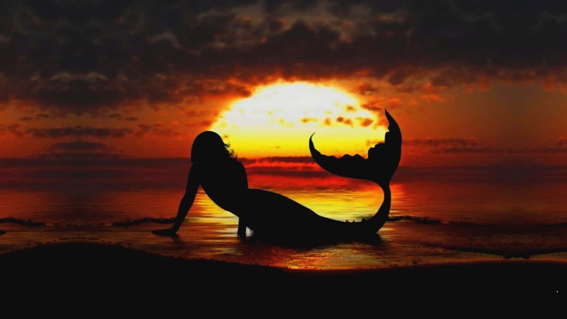 mermaid, beach, sunset, Full HD Desktop Wallpaper