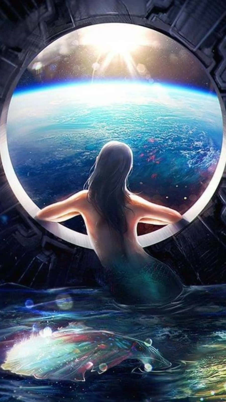 mermaid, flowing hair, spaceship viewport, HD Phone Wallpaper