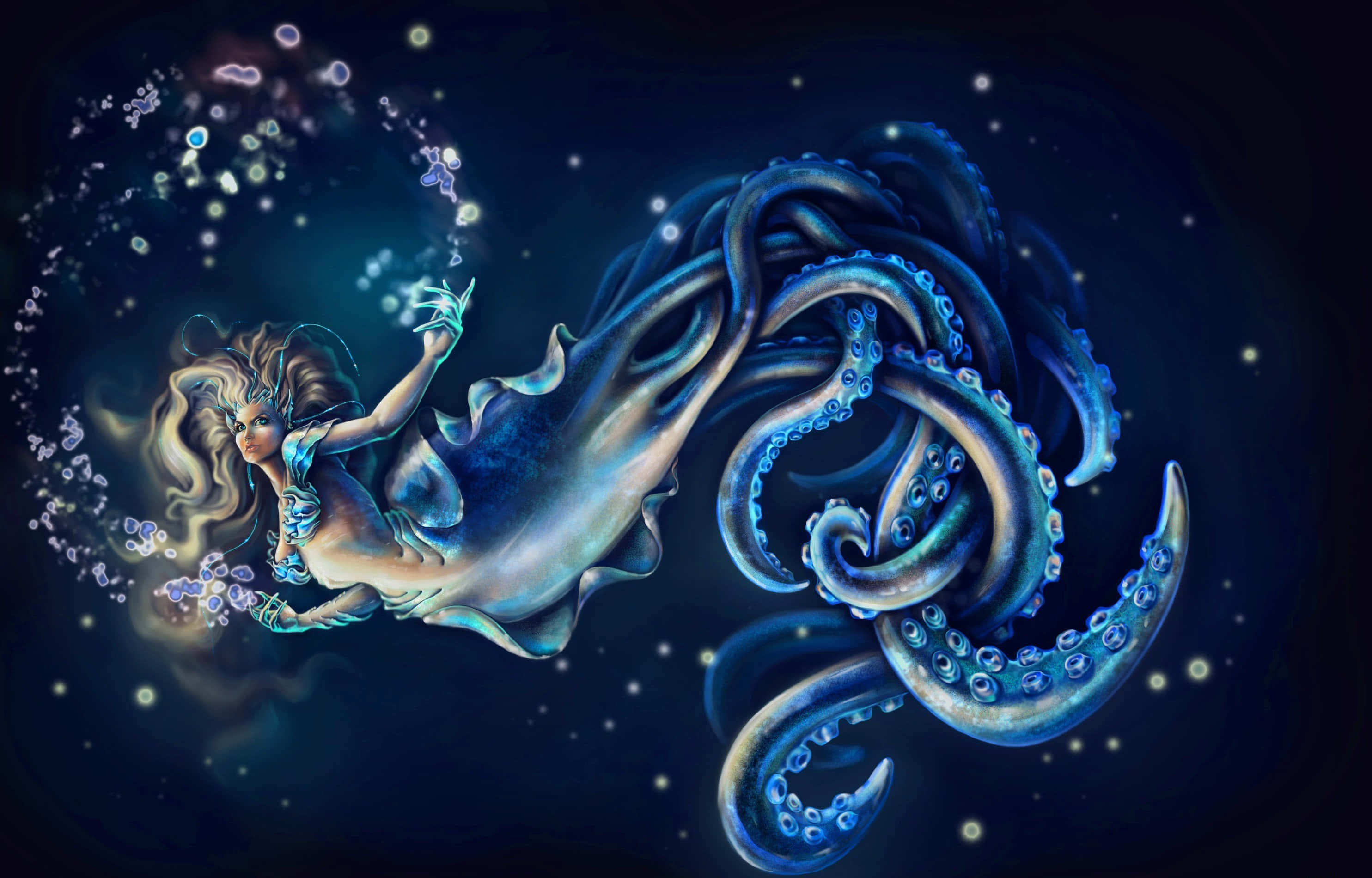 Mermaid, octopus tail, starry cosmic ocean, 2K Desktop Wallpaper