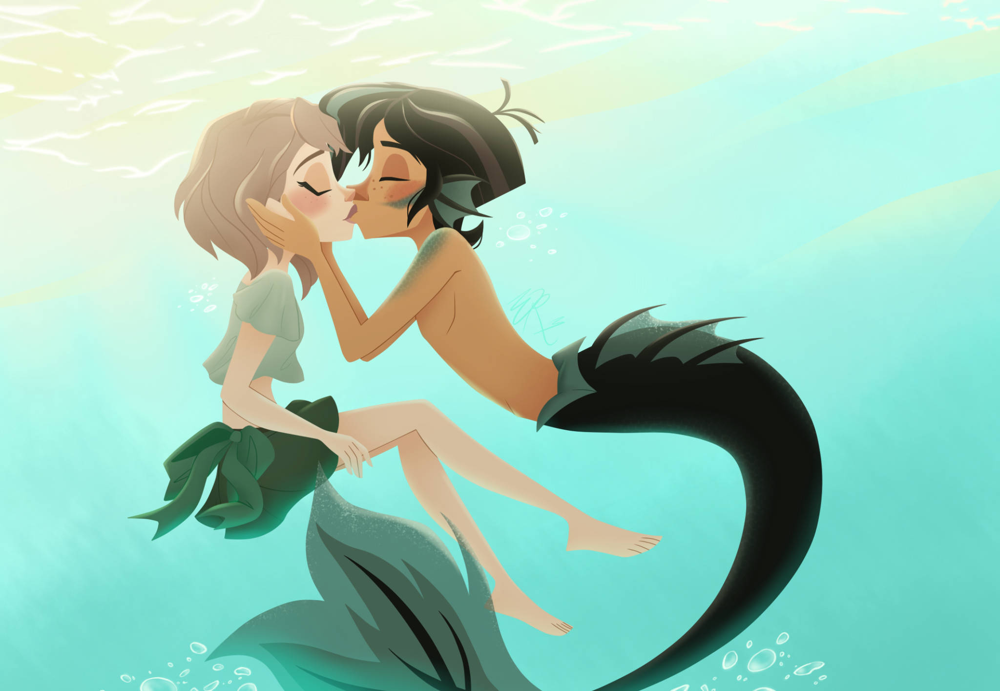 mermaid, kissing, underwater, Full HD Desktop Wallpaper