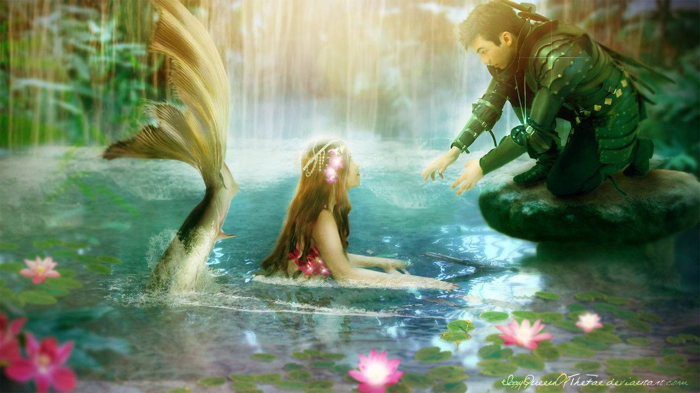Mermaid, knight in green armor, glowing hair, HD Desktop Wallpaper