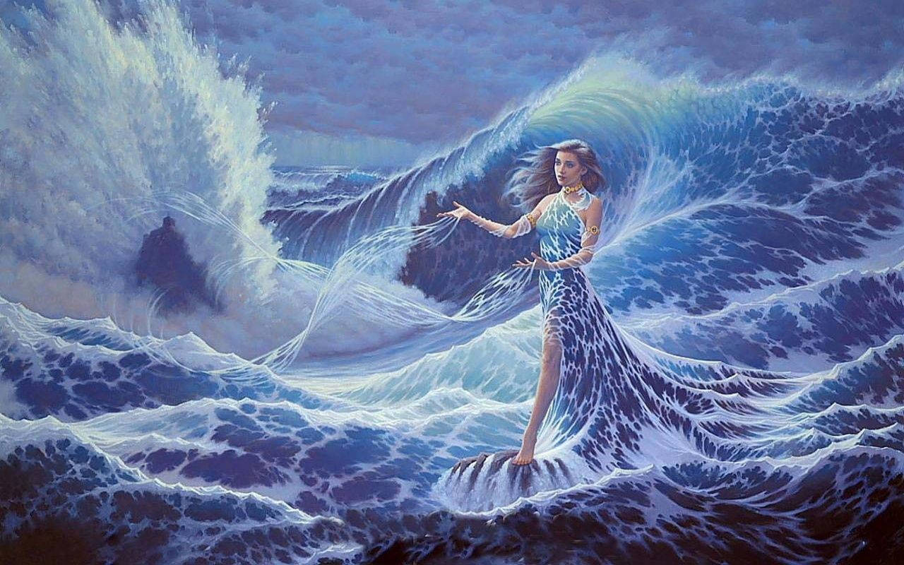 mermaid, blue gown, wave, HD Desktop Wallpaper
