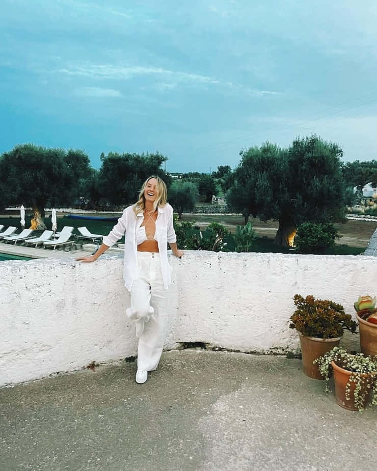 Merritt Patterson, white outfit, stone wall, SD Phone Wallpaper
