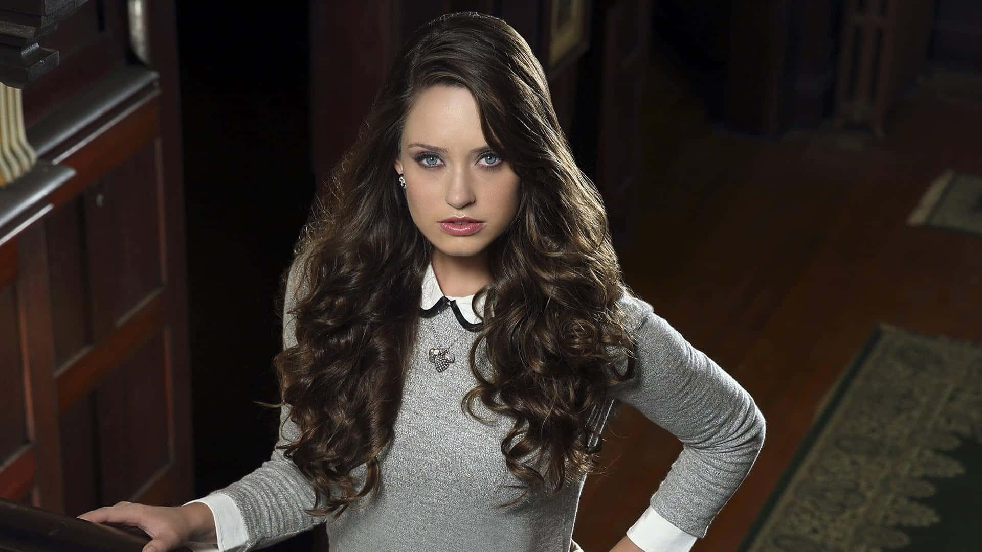 Merritt Patterson, long wavy brown hair, dimly lit wooden interior, Full HD Desktop Wallpaper