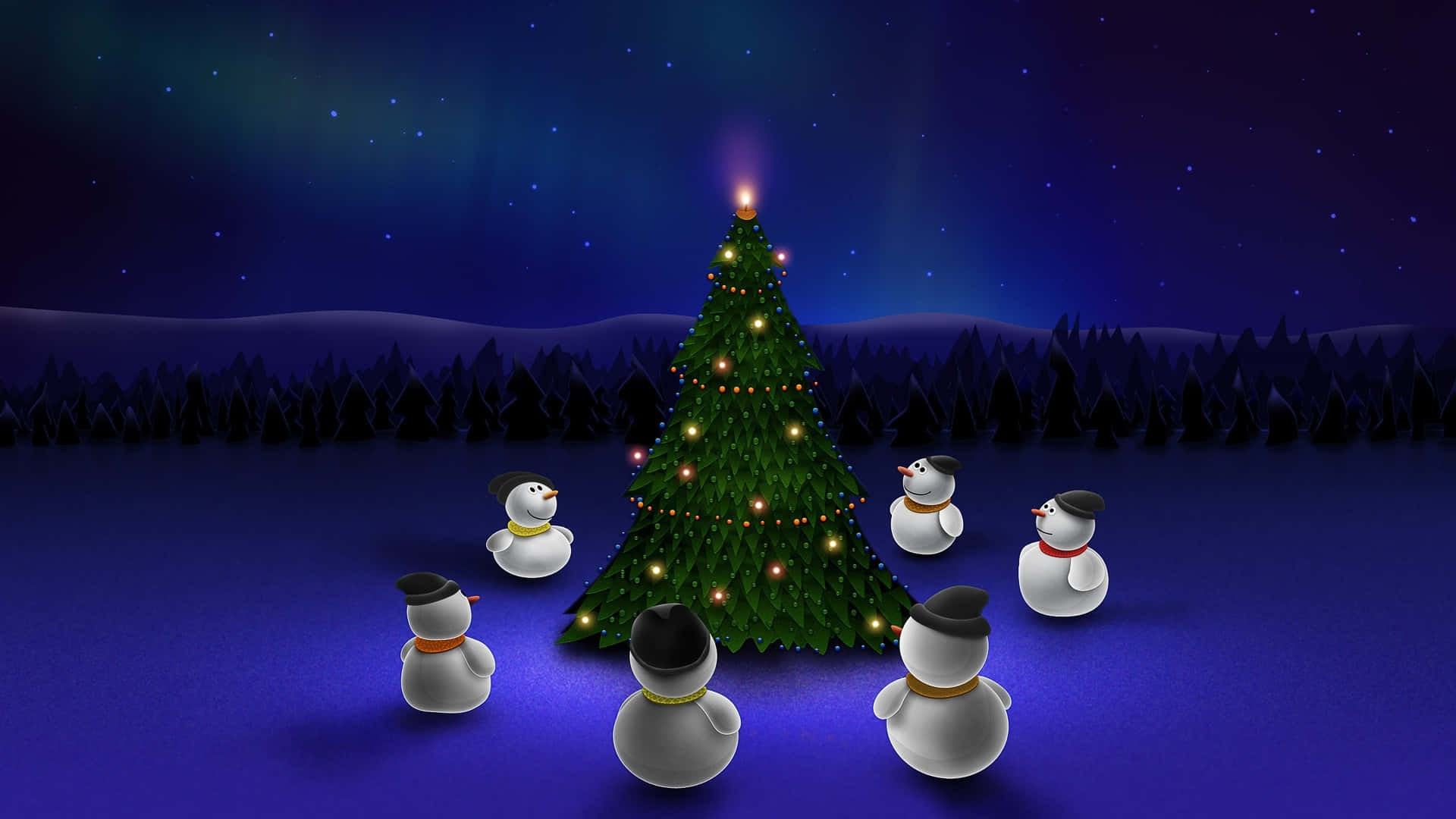snowmen, glowing Christmas tree, starry winter night sky, Full HD Desktop Wallpaper