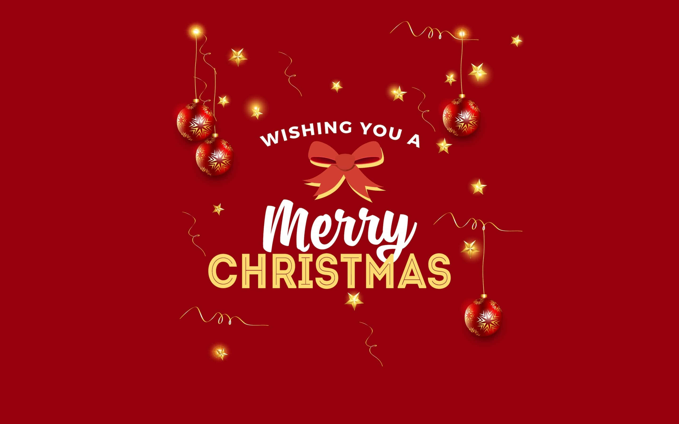 Merry Christmas, red background, golden stars, 2K Desktop Wallpaper