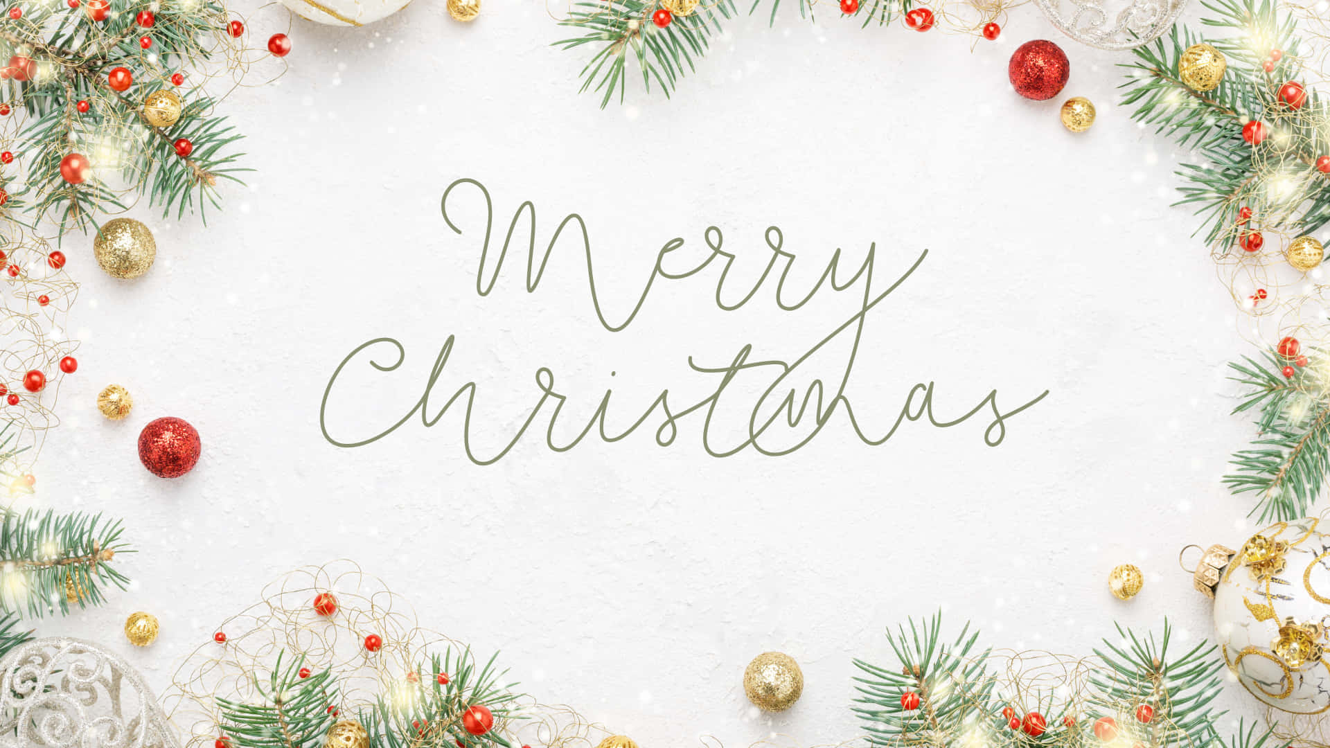 Merry Christmas, elegant green cursive, snowy white background, Full HD Desktop Wallpaper