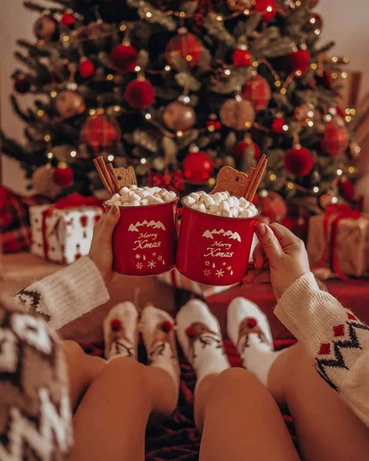 Cozy Christmas Hot Cocoa, red mugs, marshmallows, HD Phone Wallpaper