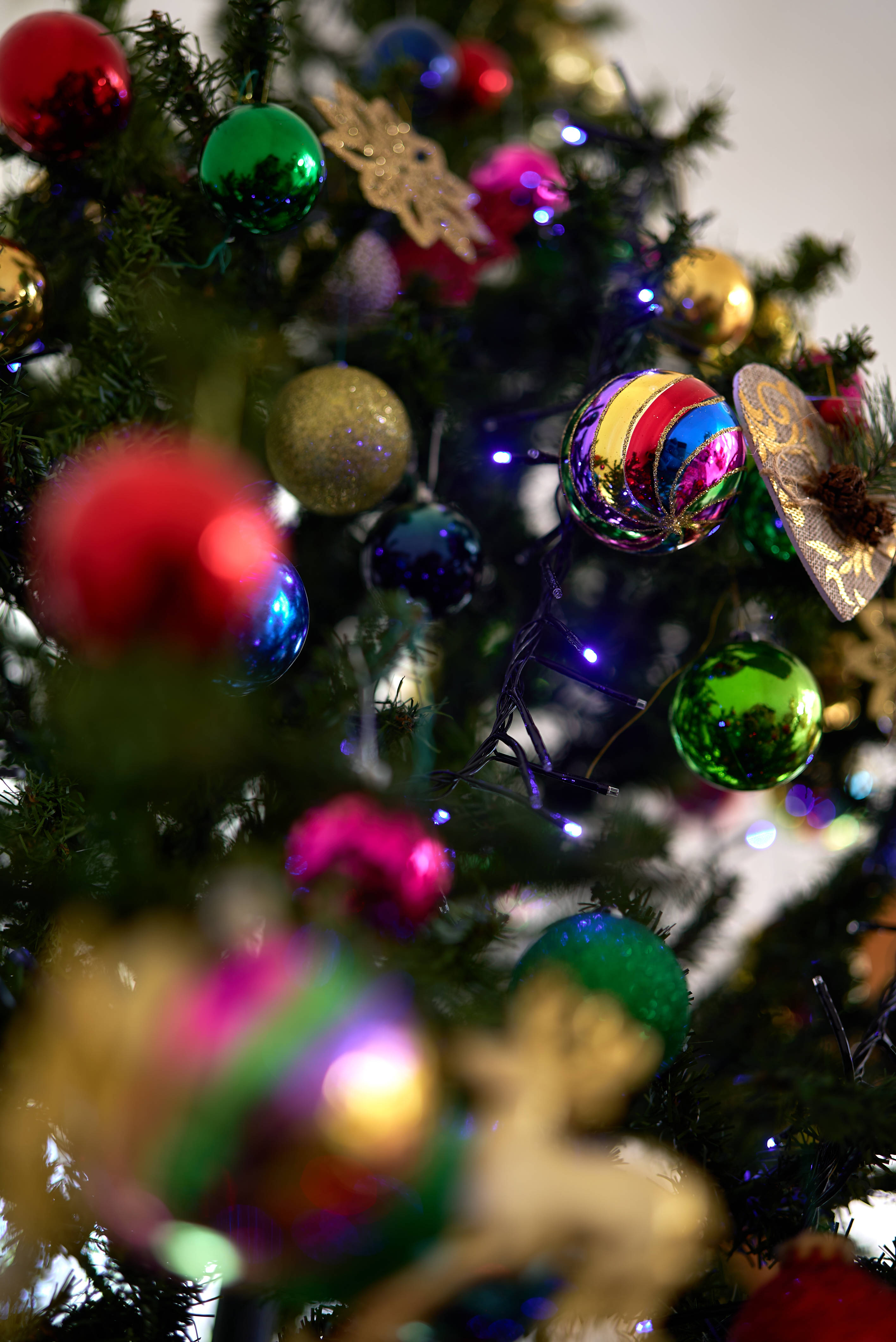colorful baubles, festively decorated Christmas tree, colorful ornaments, 4K Phone Wallpaper