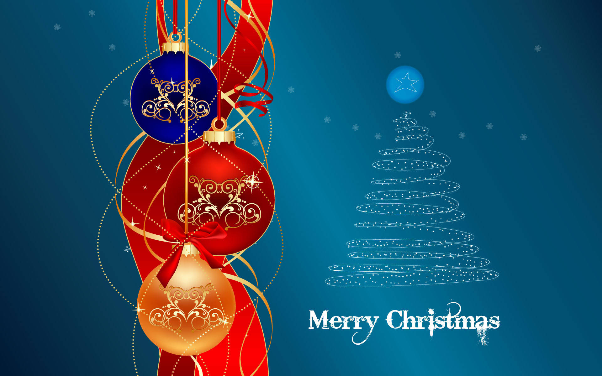 red gold ornaments, blue ornaments, sparkling outlined Christmas tree, Full HD Desktop Wallpaper