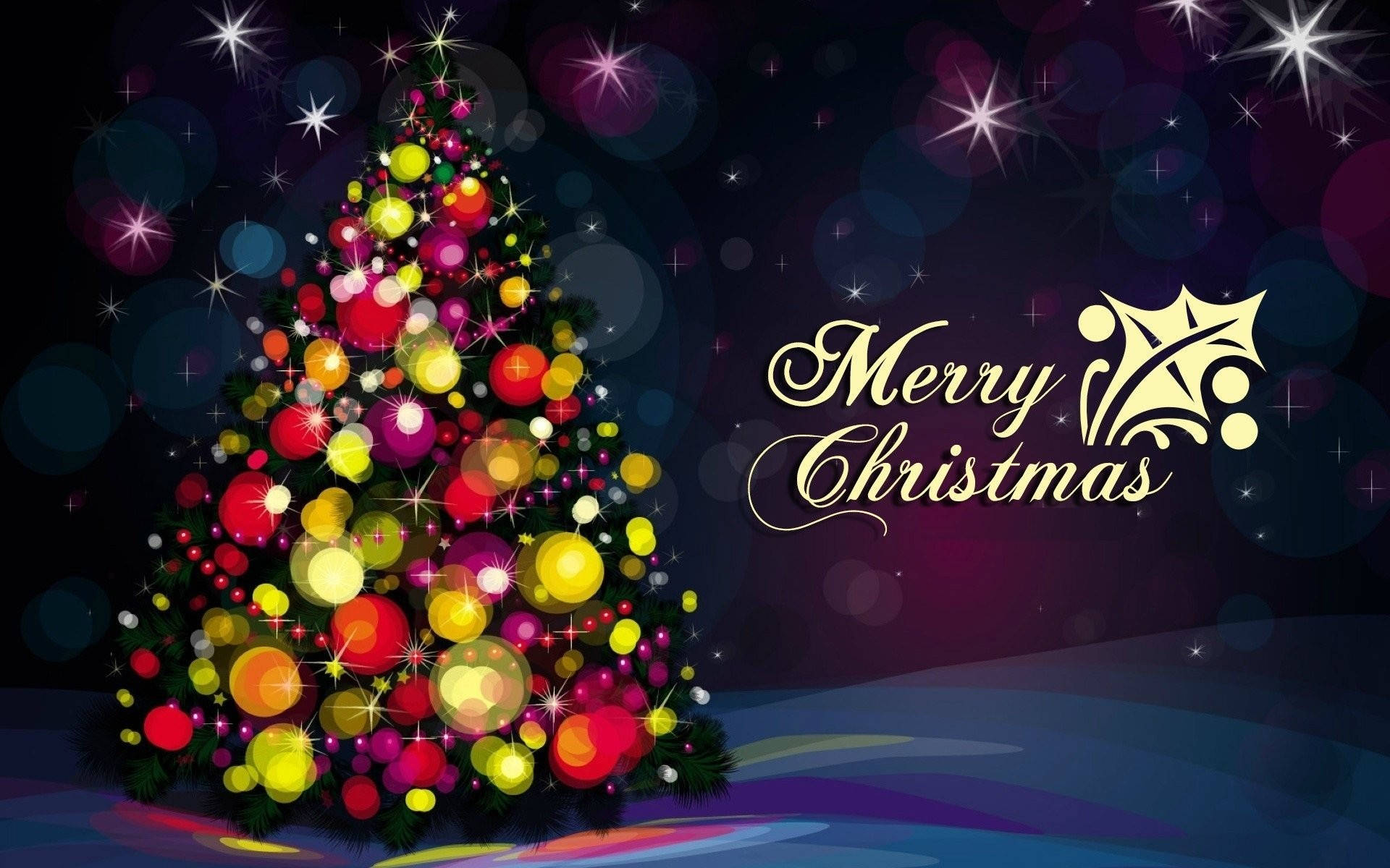 Merry Christmas, Christmas tree, glowing colorful ornaments, Full HD Desktop Wallpaper