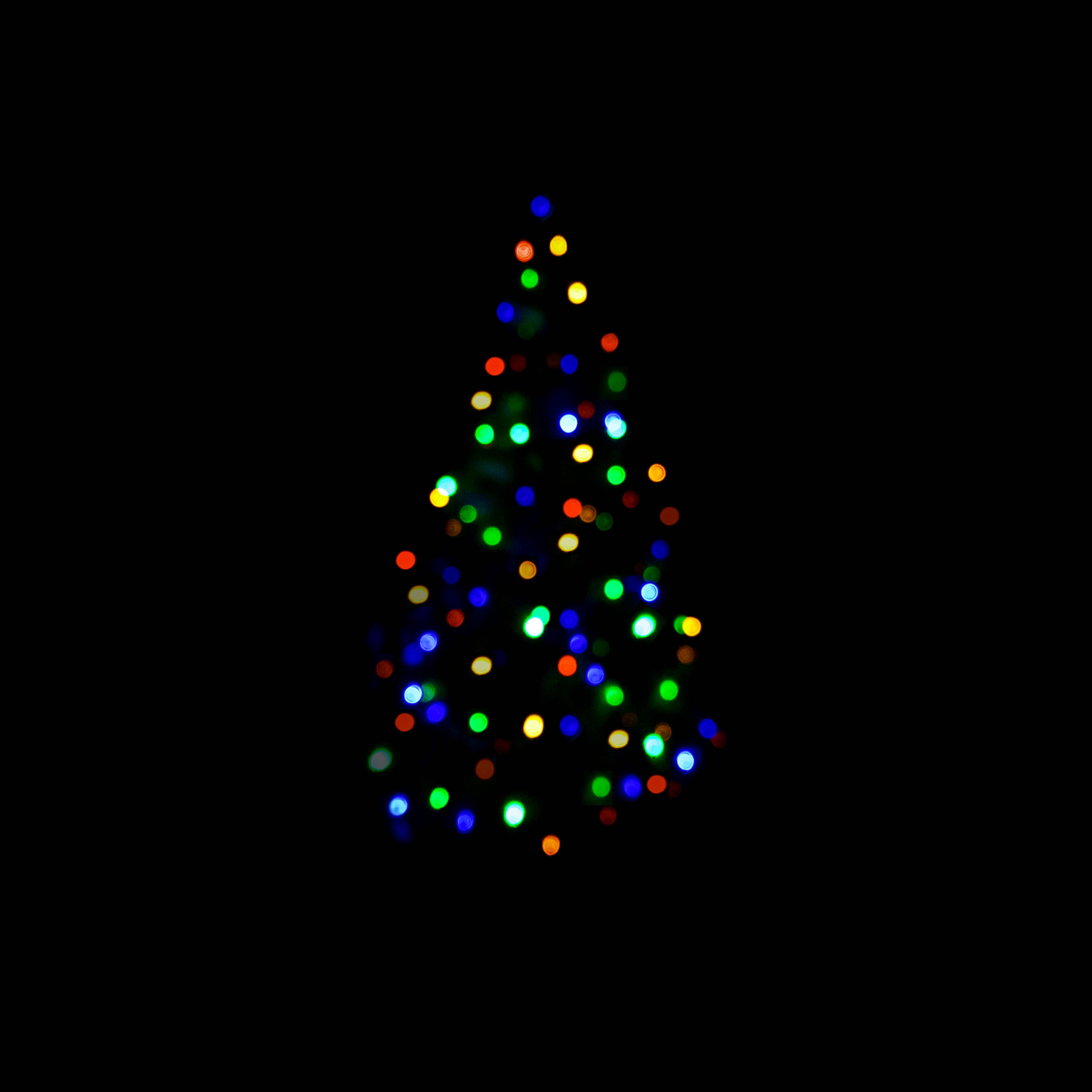 minimalist christmas tree lights bokeh, colorful glowing lights, black background, 5K Desktop Wallpaper