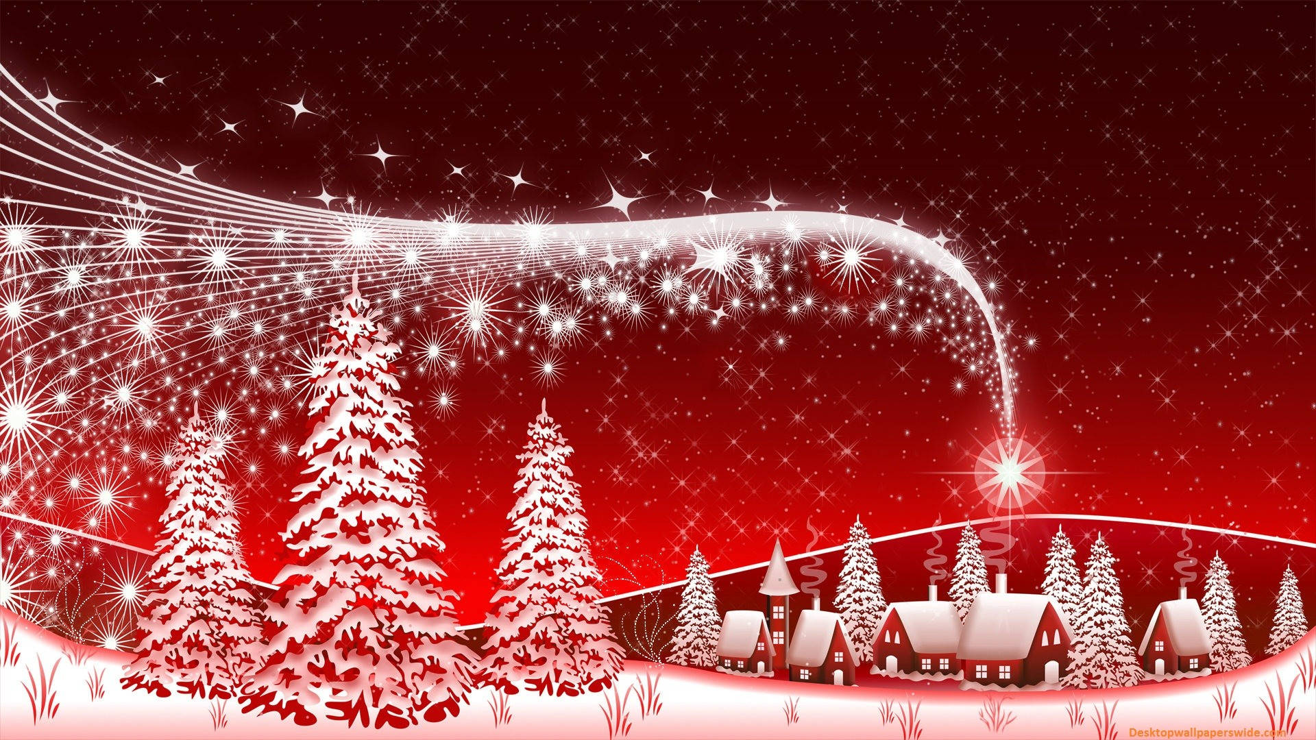 Snowy Red Merry Christmas HD, winter village, snow-covered pine trees, Full HD Desktop Wallpaper