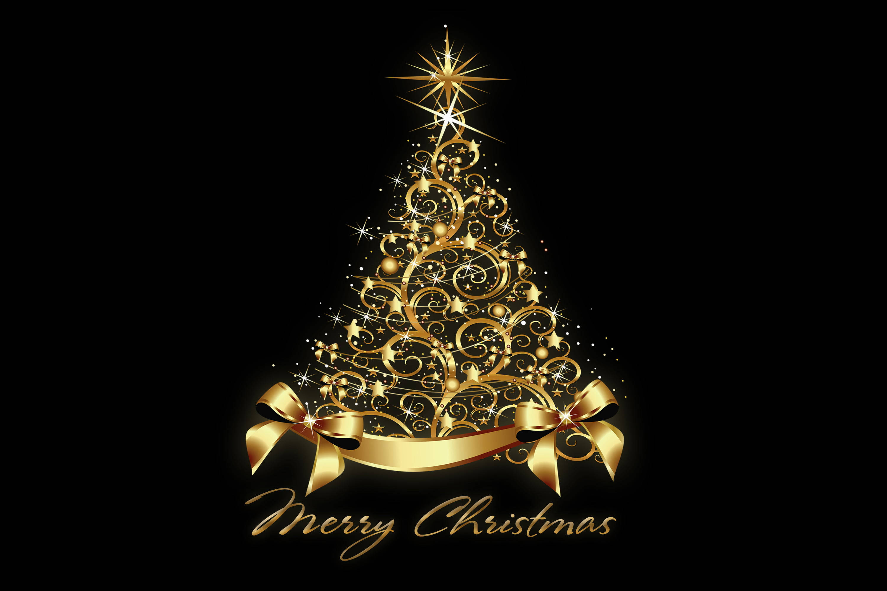 golden Christmas tree, swirling ornaments, sparkling stars, 2K Desktop Wallpaper
