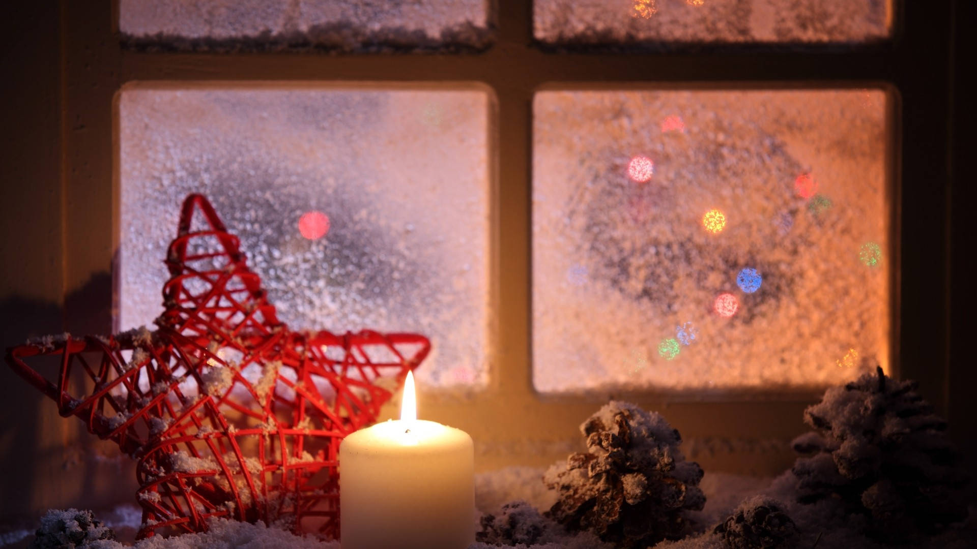 Christmas Aesthetic Desktop Snow Season, glowing candle, red wire star, Full HD Desktop Wallpaper