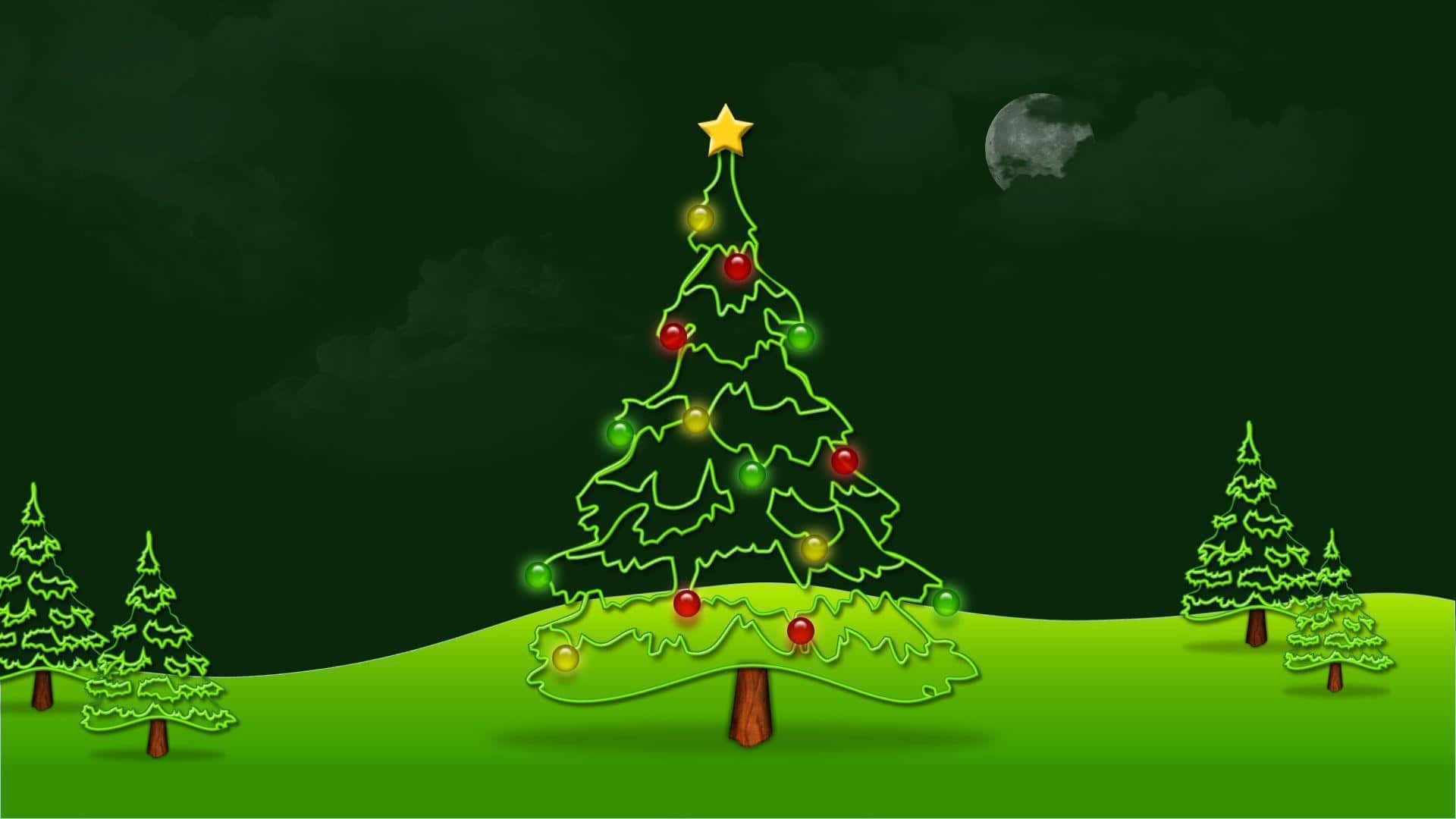 green Christmas, glowing green Christmas tree, red and yellow ornaments, Full HD Desktop Wallpaper