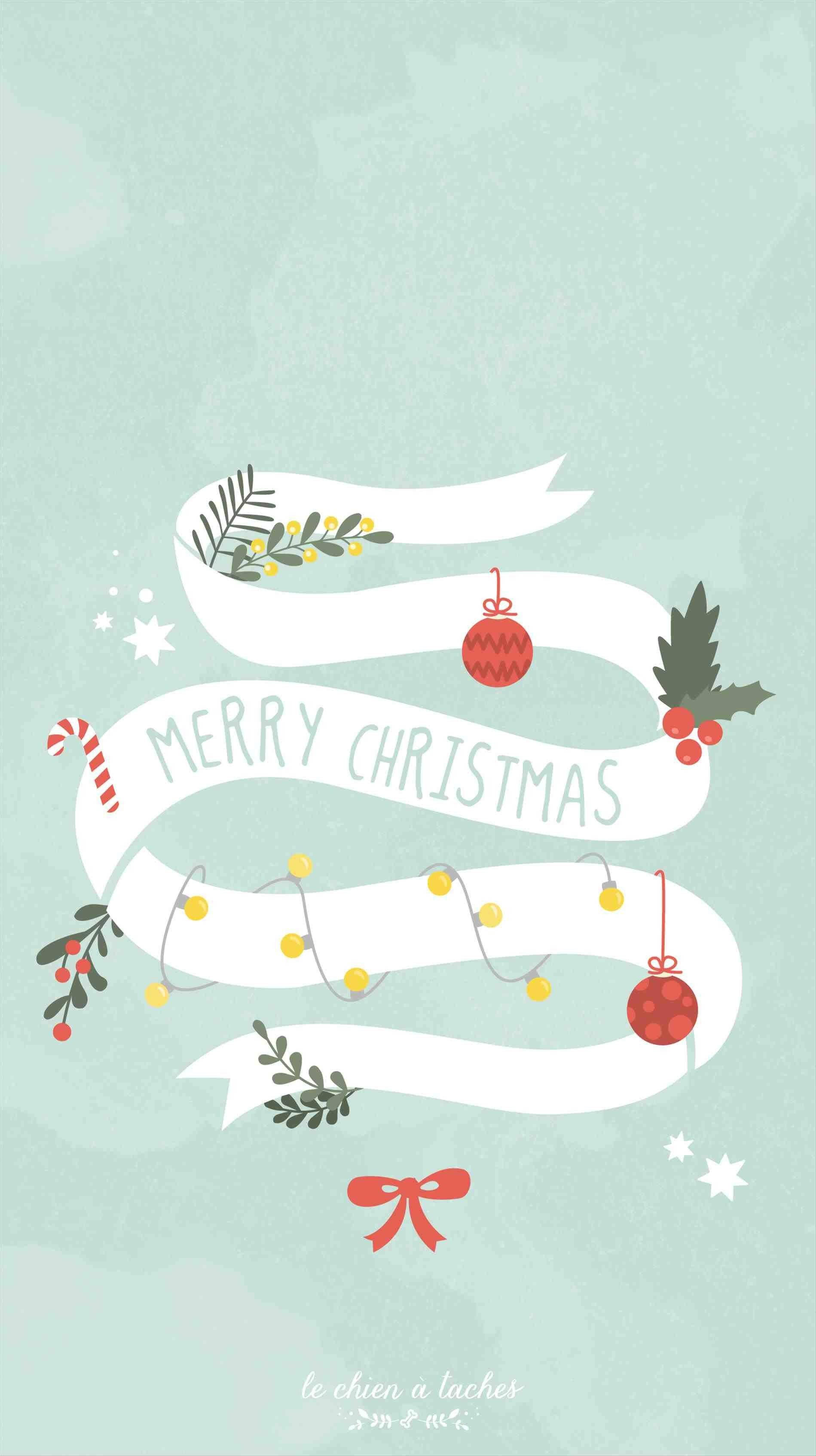 Christmas ribbon, mint green background, holly berries, 2K Phone Wallpaper