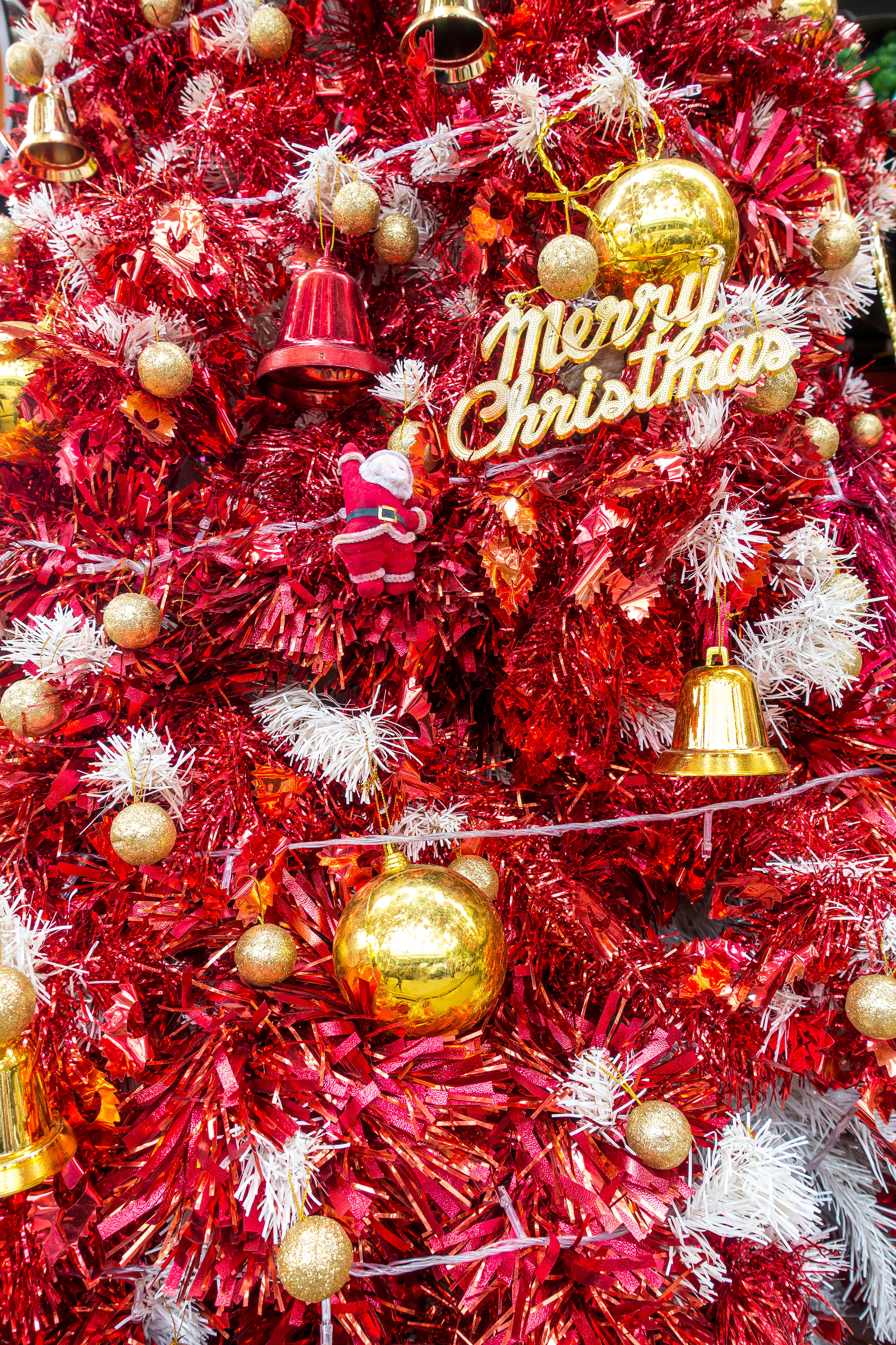 Merry Christmas, red tinsel Christmas tree, gold ornaments, 5K Phone Wallpaper