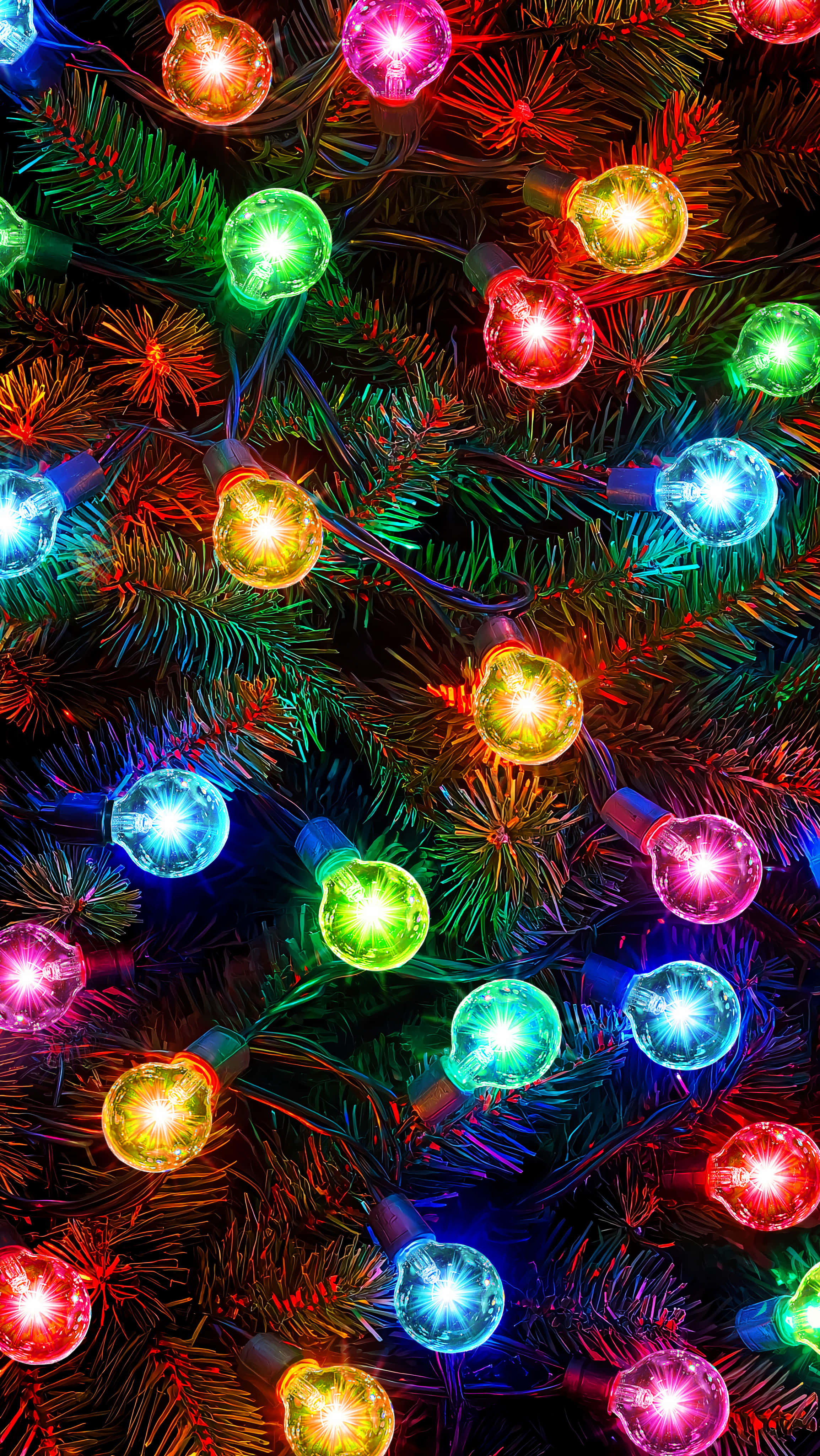 Christmas lights, dark green pine needles, festive close-up, 4K Phone Wallpaper