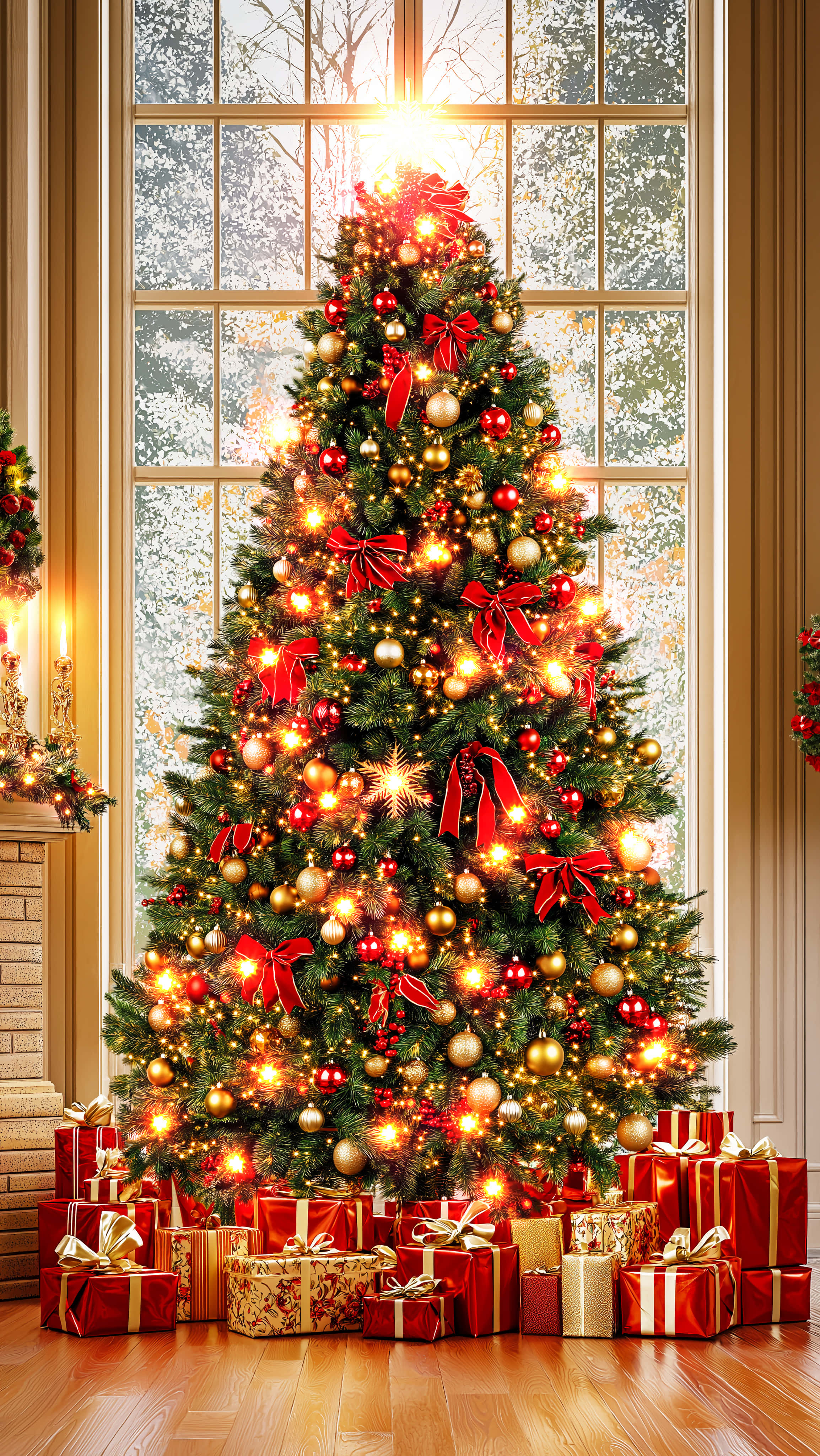 Christmas tree, red bows, gold ornaments, 4K Phone Wallpaper
