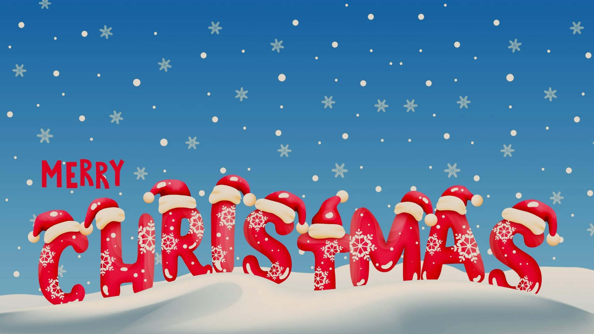 Merry Christmas, red Santa hats, snowflakes, Full HD Desktop Wallpaper