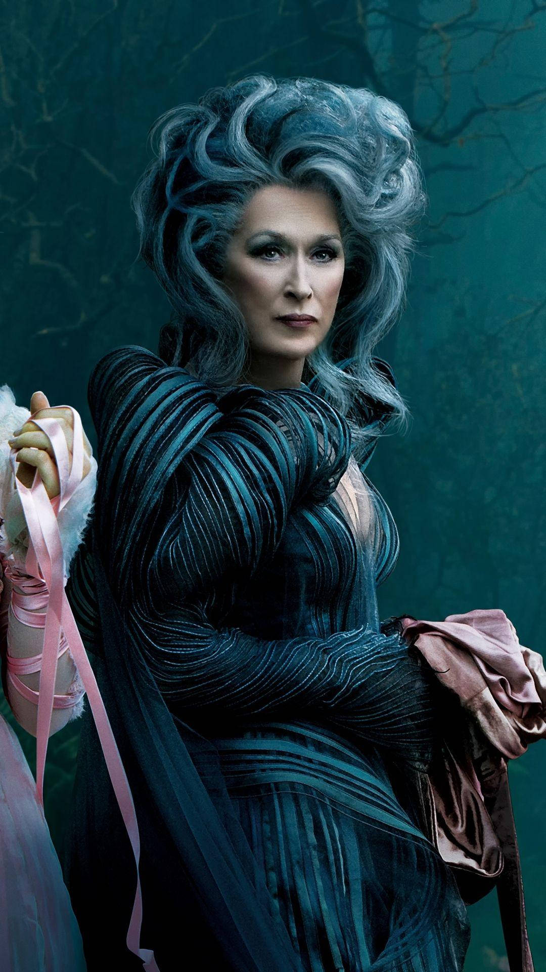 Meryl Streep, green costume, wild blue-gray hair, Full HD Phone Wallpaper