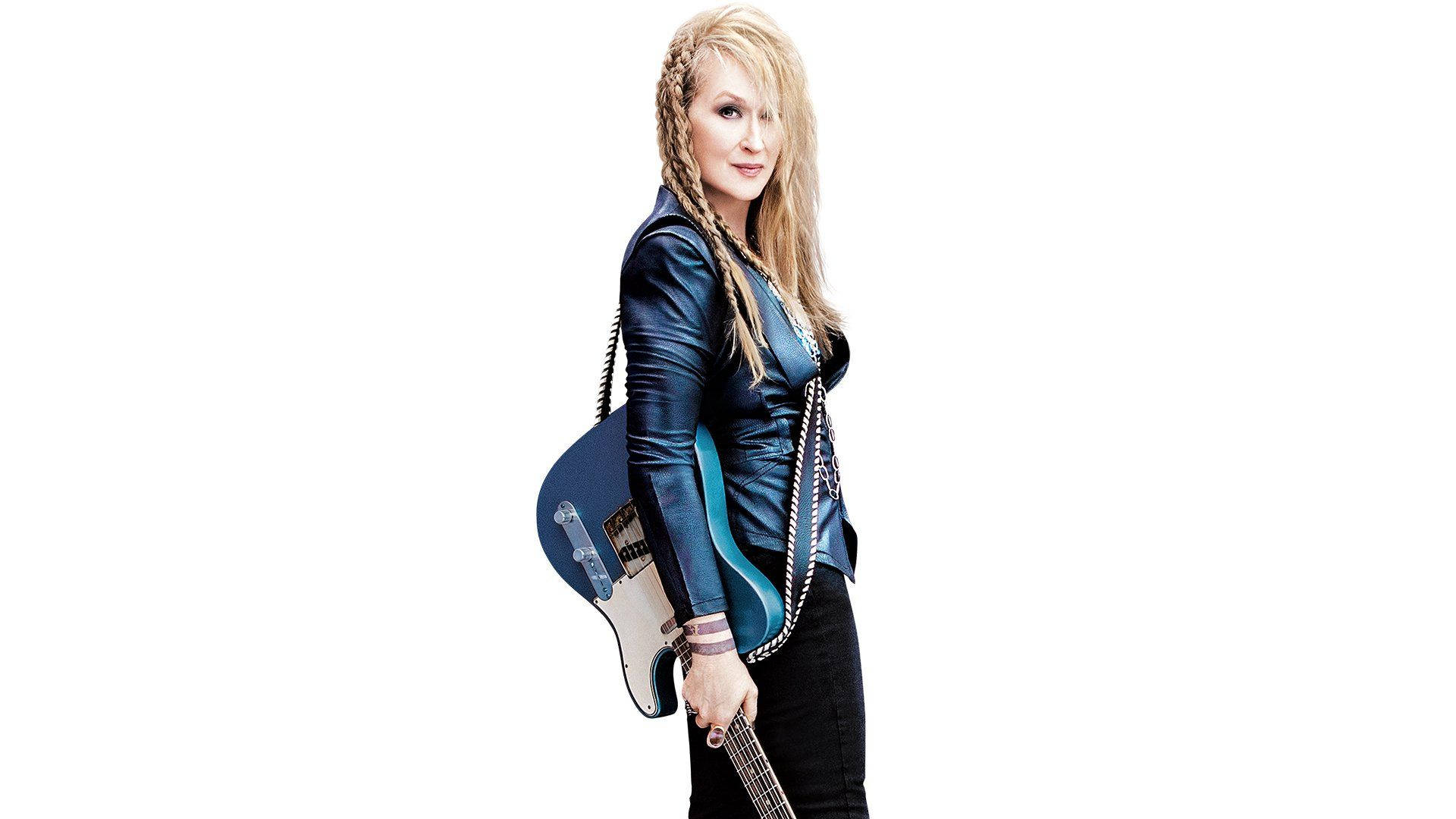 Meryl Streep, blue leather jacket, blue electric guitar, Full HD Desktop Wallpaper
